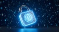 Glowing blue digital padlock icon floats amidst falling binary code representing advanced cybersecurity Royalty Free Stock Photo