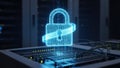 A glowing blue digital padlock wrapped in a digital ribbon in a server room. Royalty Free Stock Photo