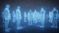 Glowing blue digital representations of futuristic human shapes.