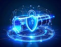 Glowing blue digital security concept with shield padlock and tube Royalty Free Stock Photo