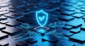 Digital security shield icon glowing above computer chip with circuit board design elements for cyber protection Royalty Free Stock Photo