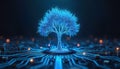 Glowing blue digital tree with circuit patterns on dark background. Symbolizes growth, tech evolution, sustainability in biz. Royalty Free Stock Photo