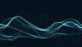 Glowing blue digital wave pattern composed of tiny particles with a subtle hexagonal grid overlay on a dark background Royalty Free Stock Photo