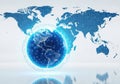 Glowing blue earth globe with digital grid overlay in front of a world map isolated on white background Royalty Free Stock Photo