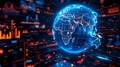 Glowing Blue Earth with Orange Data Streams and Graphs Royalty Free Stock Photo