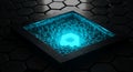 Glowing blue energy core set in dark hexagonal matrix Royalty Free Stock Photo