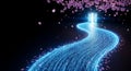 Glowing blue fiber optic path of binary code leads to a server room, symbolizing data flow and succe Royalty Free Stock Photo