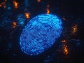 Glowing blue fingerprint on dark reflective surface. Blurry background lights highlight unique pattern. Futuristic tech