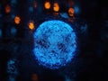 Glowing blue fingerprint on dark reflective surface. Tech illustration shows unique biometric pattern. Modern tech security