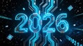 Glowing blue "2026" formed from circuitry against a starry digital space, symbolizing the future of technology and data. Royalty Free Stock Photo