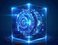 Glowing blue futuristic cube with a complex circular tech element inside Royalty Free Stock Photo