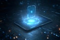 Glowing Blue Futuristic Digital Lock Secures Holographic ID with Hexagonal Data Shield in Cyber Environment Royalty Free Stock Photo