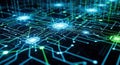 Glowing blue and green digital circuit board with interconnected nodes and binary code streams Royalty Free Stock Photo