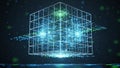 Glowing blue grid cube with light particles in dark space Royalty Free Stock Photo