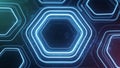 Glowing blue hexagonal geometric shapes with digital network connections abstract Royalty Free Stock Photo