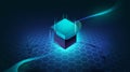 Glowing Blue Hexagonal Grid With Abstract Digital Cube And Light Trails technology Royalty Free Stock Photo