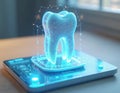 Glowing blue hologram of tooth displayed on digital tablet screen. Futuristic 3D dental visualization on tech device. Modern Royalty Free Stock Photo