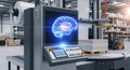 Futuristic holographic brain projection displayed on an industrial control panel in a modern warehouse setting Royalty Free Stock Photo