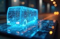 Glowing blue holographic bus model emerges from electronic circuit board tablet display. AI tech drives route optimization, data Royalty Free Stock Photo