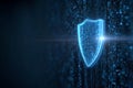 Glowing Blue Holographic Shield Emblem Floating Over a Dark Digital Grid with Scrolling Binary Code Royalty Free Stock Photo