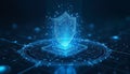 Glowing Blue Holographic Shield Over A Digital Circuit Board, Symbolizing Advanced Cybersecurity And Data Protection