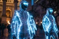 Glowing Blue Human Figures Marching in Harmony Through Historical Square at Night
