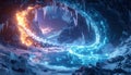 Glowing blue ice cave with fire Royalty Free Stock Photo