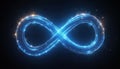 Glowing blue infinity symbol with particles on dark background. Represents eternity, endlessness, and continuous cycles. Great Royalty Free Stock Photo