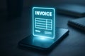 Glowing blue invoice icon hovering over a dark smartphone screen digital technology Royalty Free Stock Photo
