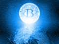 Glowing blue led Bitcoin BTC on 3D Rendering blue dotted world and abstract wired global network background.