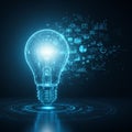Glowing blue light bulb digitally rendered in a dark setting, surrounded by abstract Royalty Free Stock Photo