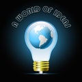 Glowing blue light bulb with globe. Bulb light idea Royalty Free Stock Photo