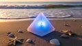 Blue Light Pyramid on Sandy Beach with Seashells at Sunset Royalty Free Stock Photo