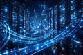 Futuristic Data Center with Glowing Blue Fiber Optic Cables Royalty Free Stock Photo