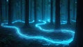 Glowing blue light streams wind through dark forest at night. Ethereal energy flows over ground, illuminating trees, creating Royalty Free Stock Photo