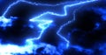 Glowing blue lightning bolts of electrical current moving wildly on dark sky background