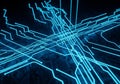 Glowing blue lines form complex, intersecting patterns resembling a circuit board on a dark Royalty Free Stock Photo