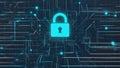 A glowing blue lock icon on a digital circuit board background. Data security, cyber protection, and privacy in technology Royalty Free Stock Photo