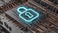 A glowing blue lock icon on a digital circuit board. Intricate copper wiring, symbolizing data security and technology Royalty Free Stock Photo