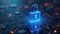 Glowing blue lock illustration embedded within cybernetic circuit. Image underscores secure digital systems data protection. Royalty Free Stock Photo