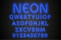 Glowing blue neon alphabet. Neon letters and numbers