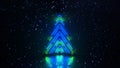 Glowing blue neon christmas tree and snowfall 3D rendering illustration