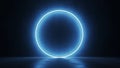 Glowing blue neon circle on dark background with reflective surface Royalty Free Stock Photo