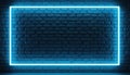 Glowing blue neon frame on dark brick wall. Brick wall background with blue neon light rectangle. Dark urban interior with Royalty Free Stock Photo