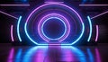 Glowing blue neon lights illuminate futuristic nightclub generated by AI