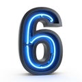 Glowing Blue Neon Number Six with Dark Metal Frame on White Background Royalty Free Stock Photo