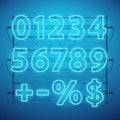 Glowing Blue Neon Numbers and Symbols Royalty Free Stock Photo