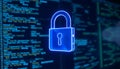 Blue Neon Padlock on Code Background,