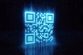 Futuristic Blue Neon QR Code Glowing with Digital Data Streams on Dark Background QR code barcode Royalty Free Stock Photo