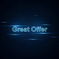 Great Offer Neon Sign on Dark Blue Background with Lens Flares, cyber monday, cyber monday shoping, black friday Royalty Free Stock Photo